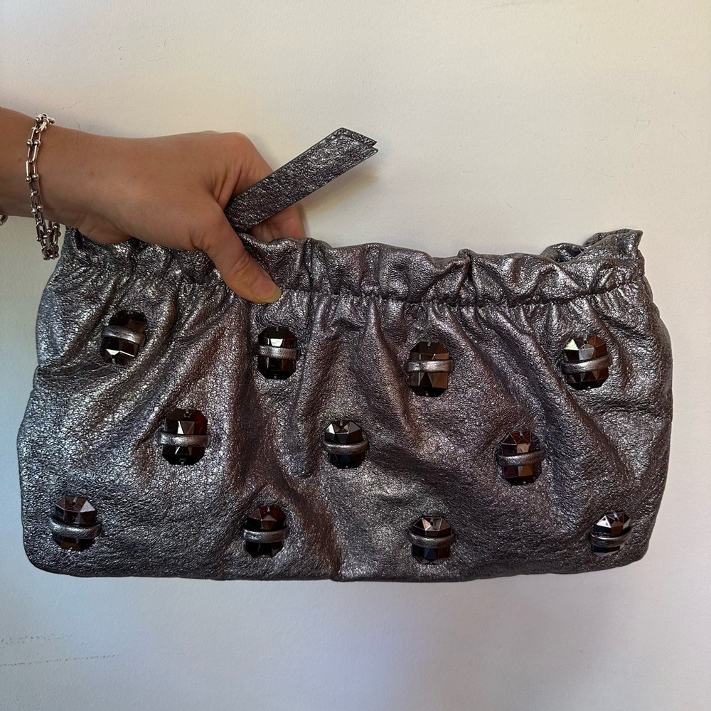 Elie Tahari Loralee Ruched Metallic Leather Clutch Bag w/ crystal embellishments